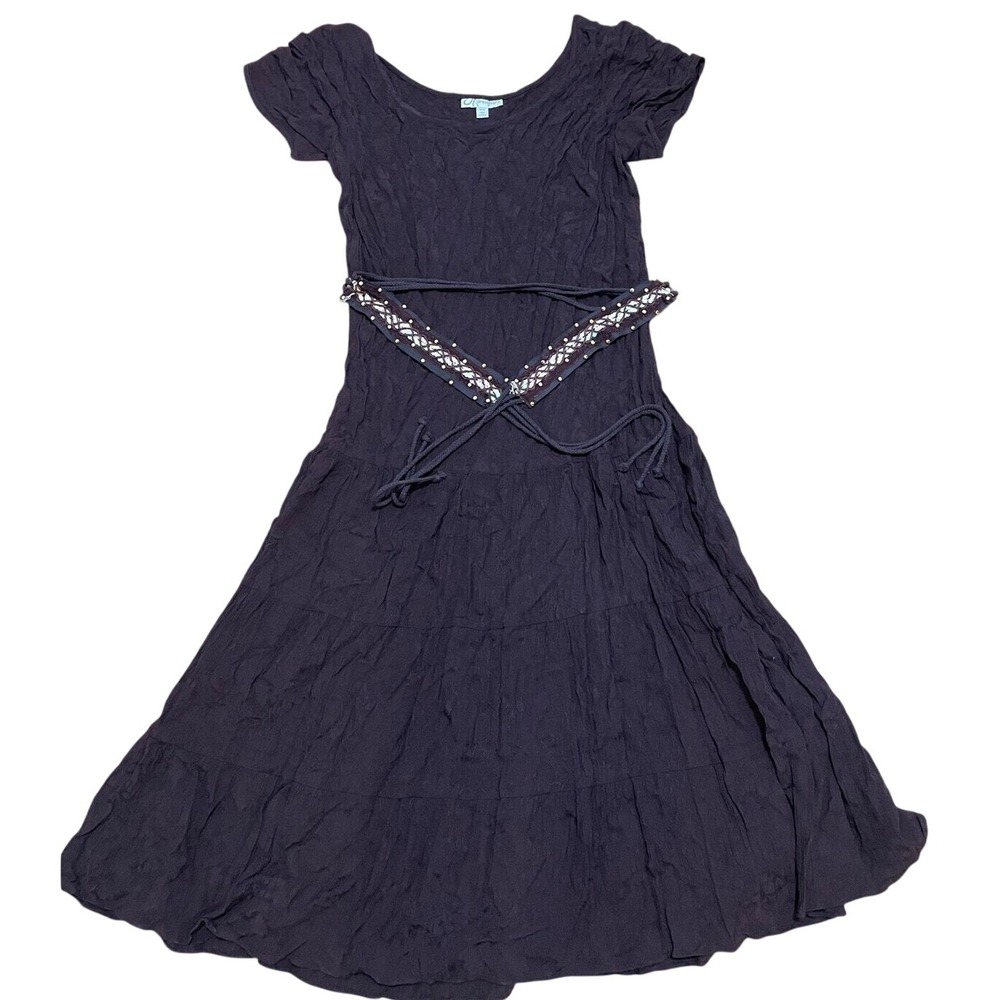 Vtg Dressbarn Woman Brown‎ Scoop Neck Dress Belted Tiered Plus Size 16W Bohemian